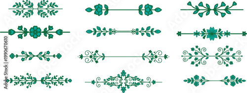Collection of Decorative Green Floral Dividers and Ornaments, Flat Design Vector Illustration eps 10