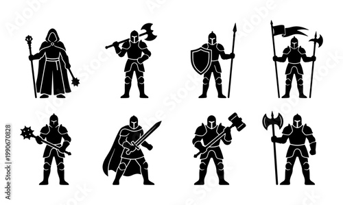 Medieval knight silhouette icons, fantasy warrior character set with weapons, 8 black vector silhouettes of armored soldiers and mages