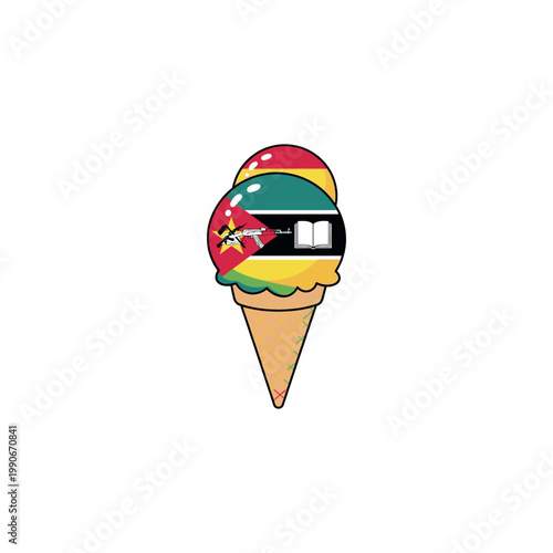 Mozambique flag design on a colorful ice cream cone illustration