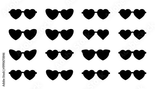 Heart shaped sunglasses silhouette collection, 16 black eyewear icons set, romantic fashion glasses vector elements for summer and wedding design