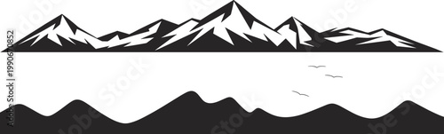 Black and white mountain range silhouette collection, high alpine peaks, rolling hills, and flying birds for outdoor adventure nature design