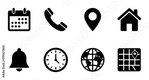 Minimalist black contact icons set, 8 vector web symbols for business communication, flat interface buttons for website and mobile app design