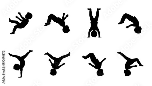 Active boy silhouette set, 8 vector icons of child jumping and tumbling, black silhouettes of kid performing acrobatics and parkour movements