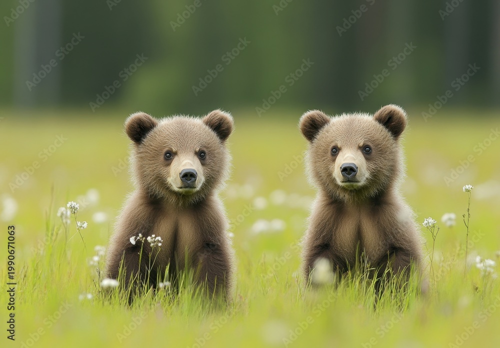 Obraz premium Two Brown Bear Cubs in Wildflower Meadow