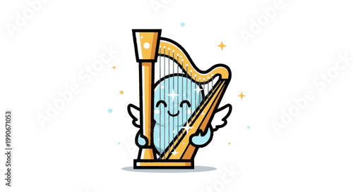 Cartoon harp illustration with smiling character and angel wings