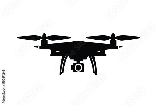 A black silhouette of a modern drone with a camera high tech design silhouette