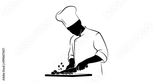 A black and white illustration of a chef chopping food on a cutting board.