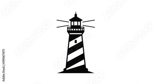 A striking black and white lighthouse illustration with radiating beams silhouette