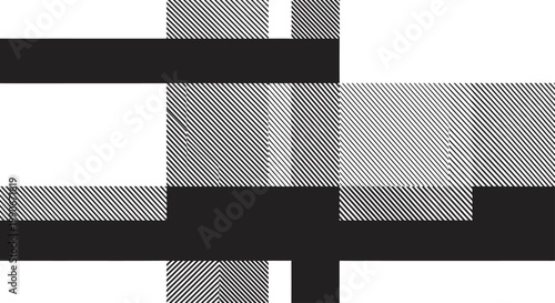 Abstract geometric composition of black, white, and hatched rectangles