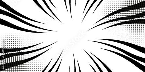 Comic book black and white radial lines background. Manga speed frame. Super hero action. Vector illustration.