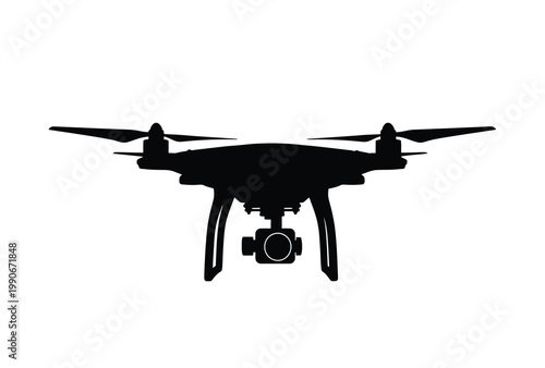 A black drone with four rotors is displayed in a stark silhouette