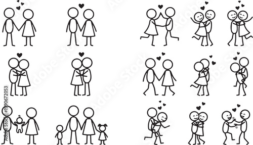 Set of stick figure line art illustrations featuring romantic couples family with children hugging holding hands and playful love icons for diverse projects