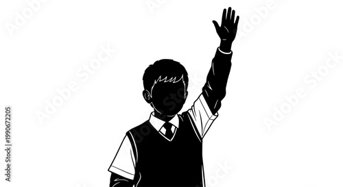Silhouette of a young student raising his hand in a classroom setting, symbolizing participation or asking a question.