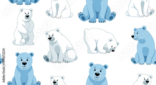 Seamless Pattern of Cute Polar Bears Vector Illustration, Adorable Arctic Animal Background for Childrens Fabric and Nursery Decor Design