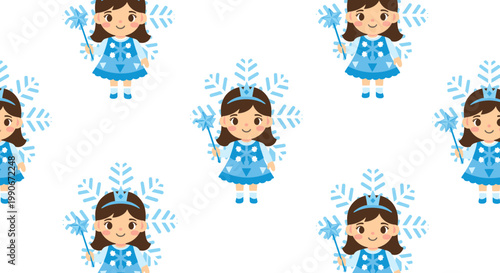 Seamless Pattern of Cute Winter Princess Girl with Snowflake Wand Vector Illustration for Holiday Gift Wrapping Paper and Festive Fabric Textile Design