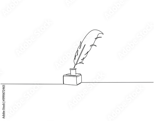 Continuous one line drawing of inkwell and feather pan. One line drawing illustration of inkwell and pen. Calligraphy concept single line. Editable outline