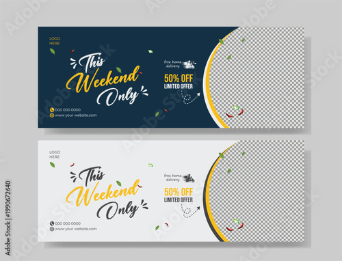 Fast food restaurant menu social media marketing web banner template with logo and icon. Pizza, burger healthy food business promotion flyer. Abstract sale cover design