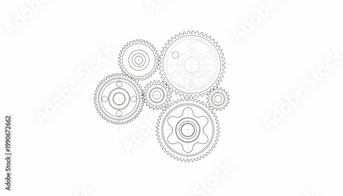 A technical drawing features interconnected gears in a CAD style design, the mechanical illustration showcasing engineering precision against a clean white background, conveying a sense