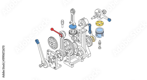 Isometric vector illustration showing a mechanical engine's exploded view, featuring pistons, connecting rods, and crankshafts in a technical CAD design with blue and red accents