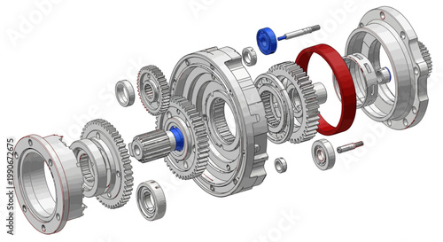 An exploded view technical drawing shows the inner workings of a mechanical transmission, with gears and other components rendered in a clean, CAD style, set against a bright white