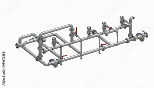 A technical illustration showcases complex piping, rendered as a CAD style drawing with valves and connections, presented as an isometric view against a plain white background
