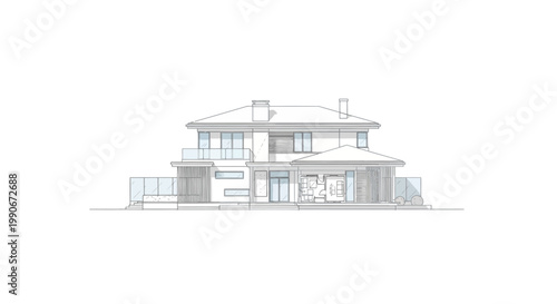 Detailed CAD-style architectural illustration showing the facade of a two-story house with multiple windows and a chimney, presented as a clean technical drawing on a bright white