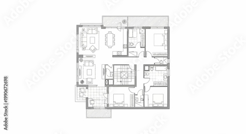 Overhead CAD-style technical drawing illustration of a house floor plan, showing bedrooms, bathrooms, a living room, and a dining area, with neutral colors and precise lines, set