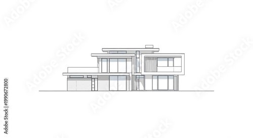 Detailed vector illustration showcasing a modern house design with large windows, created in a clean CAD style as a technical drawing for architects, set against a bright white background