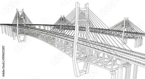 A CAD style technical drawing illustration presents a cable-stayed bridge with detailed structural design elements, rendered as a monochrome vector graphic against a clean white background
