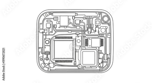Monochrome illustration featuring a detailed CAD-style technical drawing of electronic circuit components, presented as a vector icon on a clean white background, with precise lines showing