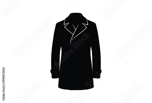 A stark black silhouette of a classic overcoat on a white background silhouette