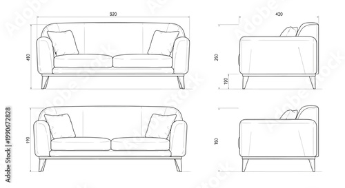 Detailed technical drawing illustrating a modern sofa's dimensions and design in a CAD style, presented as a clean, precise vector illustration on a white background, perfect for architects