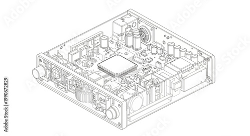 Detailed CAD illustration of an electronic circuit board, showing various components and internal architecture with precision engineering, presented as a technical drawing on a clean white