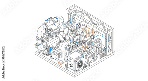 Isometric technical drawing illustration of an industrial machine, presented in a clean CAD style with vector lines and subtle color accents, creating a detailed mechanical design