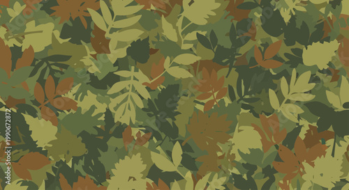Overlapping autumn leaves in various shades of green and brown camouflage pattern
