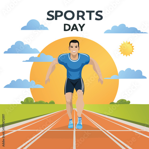 Athlete sprinting on track against a sunset background for sports day