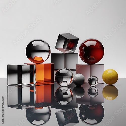 Assortment of transparent and opaque geometric shapes including spheres and cubes in red, silver, and yellow, arranged on a reflective surface with strong light and shadow play