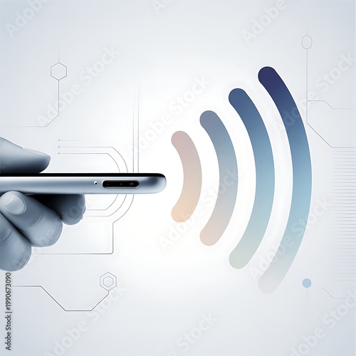 Close-up of a Hand Holding a Silver Smartphone Sending Wireless Signals Represented by Colorful Arcs on a Clean White Background with Subtle Circuit Board