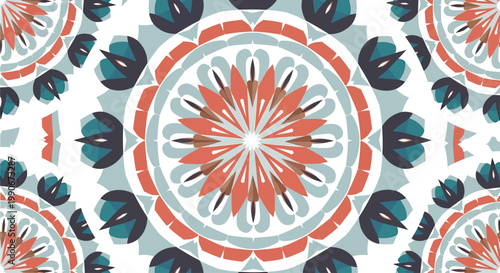 Geometric mandala pattern with coral, teal, and brown abstract petals