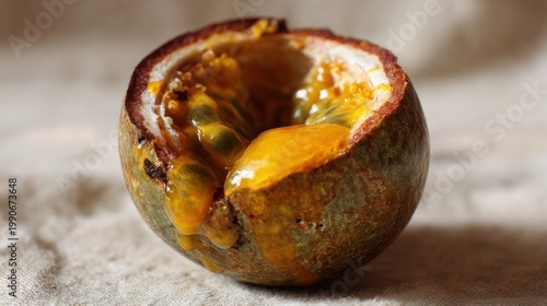 Close up of a partially cut passion fruit showing the yellow pulp and seeds