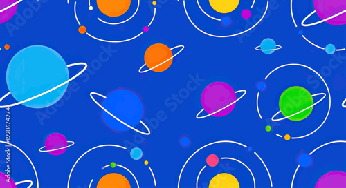 Vibrant, abstract planets with rings orbit on a deep blue background