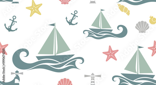Nautical scene with sailboats, anchors, seashells, starfish, and lighthouses