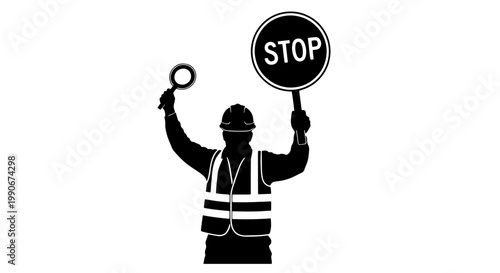 A silhouette of a construction worker or traffic controller holding a stop sign and another signaling device, emphasizing safety and control.