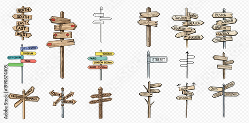 Set of various wooden and metal directional signposts with arrows, indicating different paths and choices.