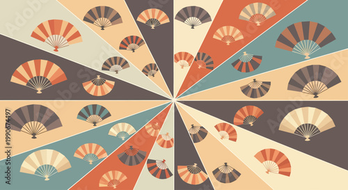 A radial pattern of colorful folding fans creates a vibrant, geometric display