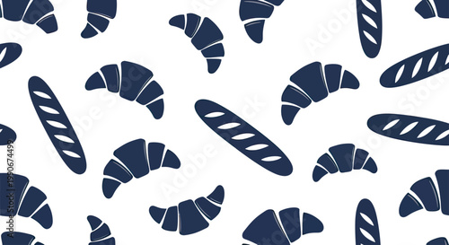 Pattern of dark blue croissants and baguettes on white background