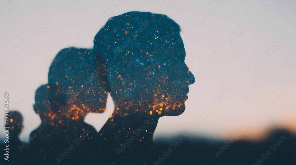 Fototapeta premium Silhouettes of three people merge with a sparkling, starry texture, symbolizing cosmic connection and inner universe against a soft, fading sky background.