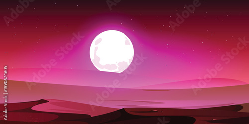 Magical Pink Desert Landscape at Night with Large Full Moon, Starry Sky and Sand Dunes, Fantasy Alien Planet Illustration.