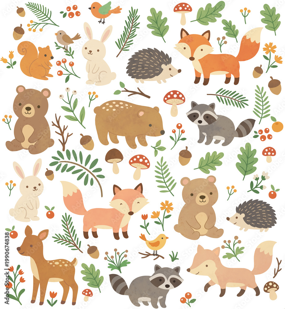 Obraz premium Cute woodland animals and plants