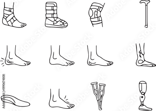 Lower Limb and Foot Orthopedic System Thin Line Outline Icon Set Vector Illustration